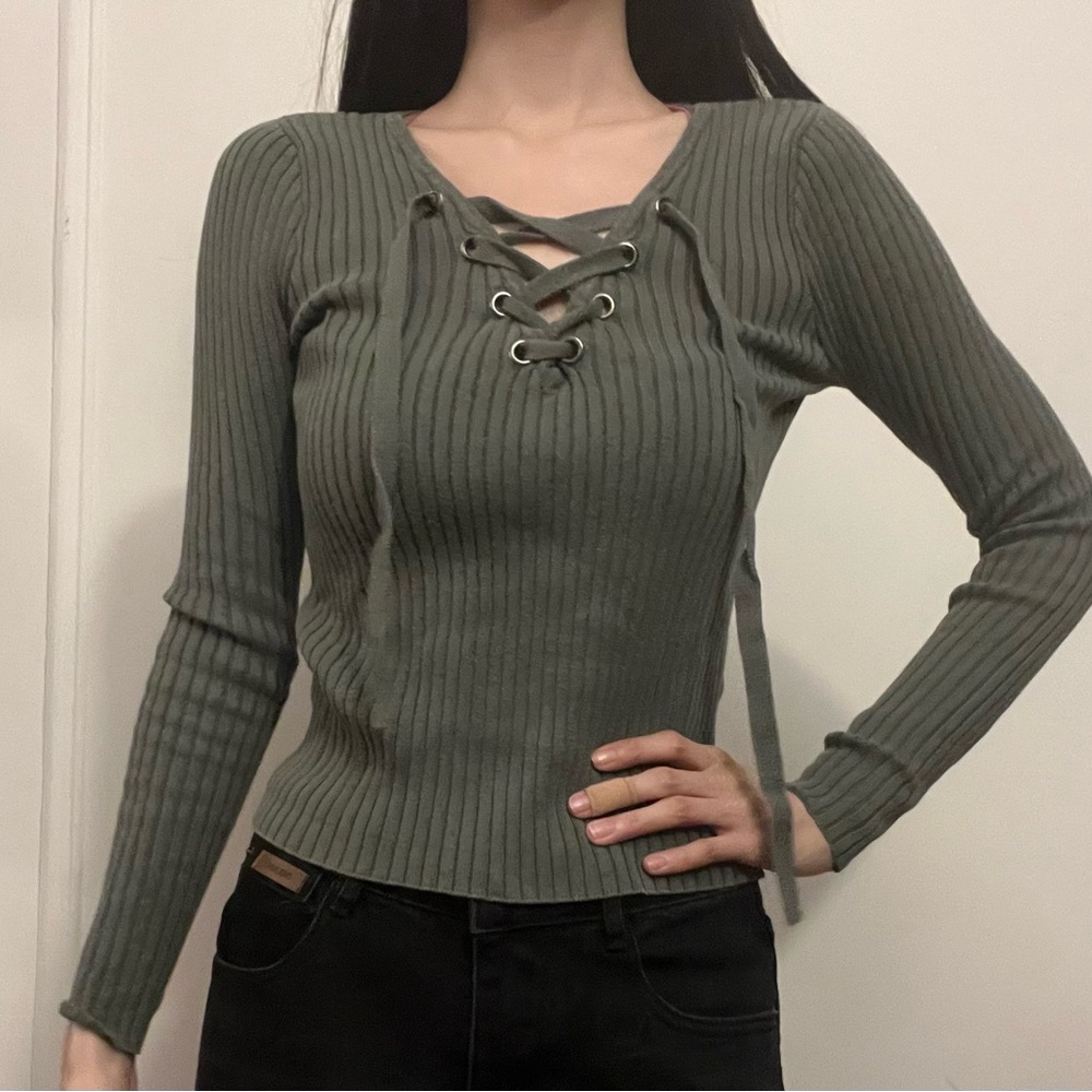 Hollister Lace-Up Ribbed Sweater - Olive